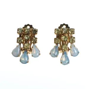 Vintage Lemon Citrine Crystal and Opaline Glass Cabochon Dangle Rhinestone Statement Earrings