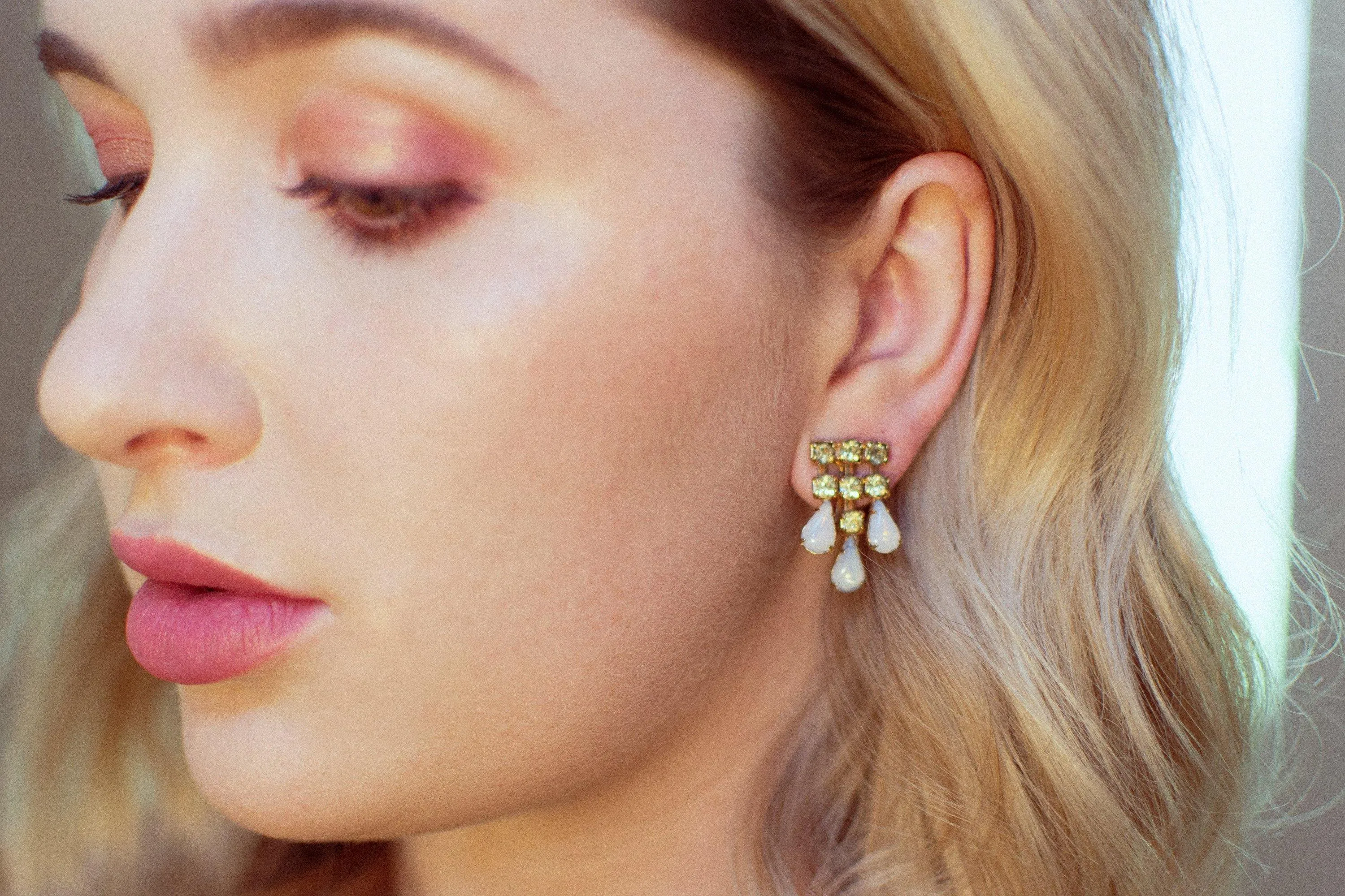 Vintage Lemon Citrine Crystal and Opaline Glass Cabochon Dangle Rhinestone Statement Earrings