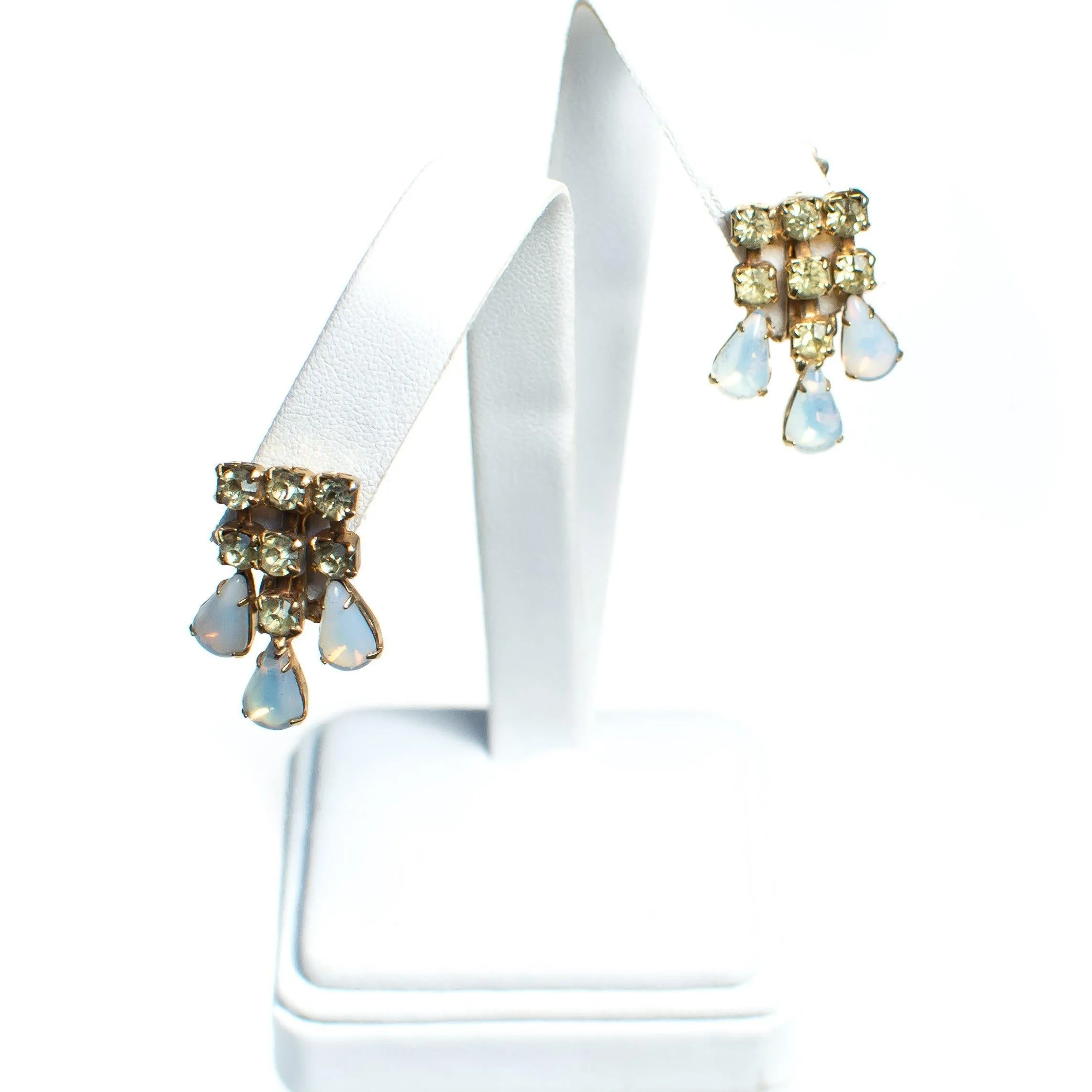 Vintage Lemon Citrine Crystal and Opaline Glass Cabochon Dangle Rhinestone Statement Earrings