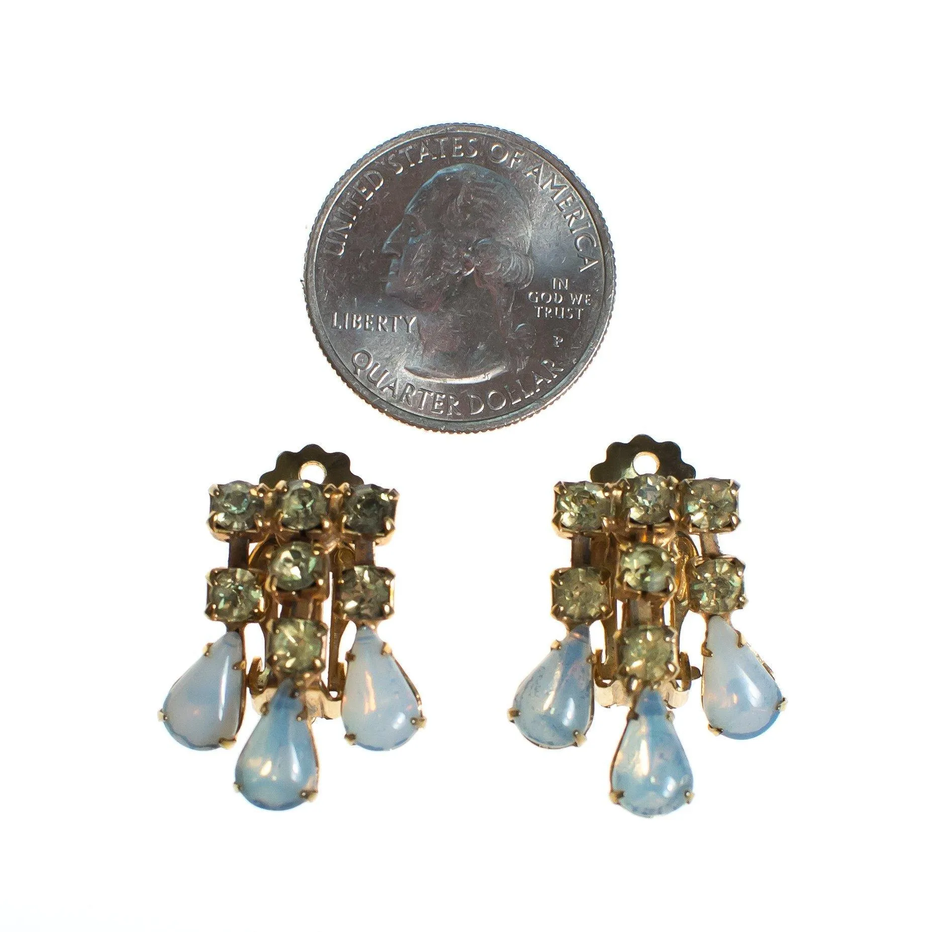 Vintage Lemon Citrine Crystal and Opaline Glass Cabochon Dangle Rhinestone Statement Earrings