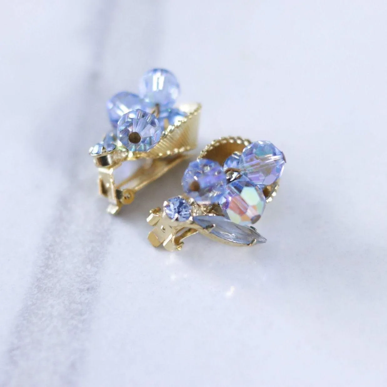Vintage Light Blue Aurora Borealis Cha Cha Earrings with Navette Rhinestone Accents