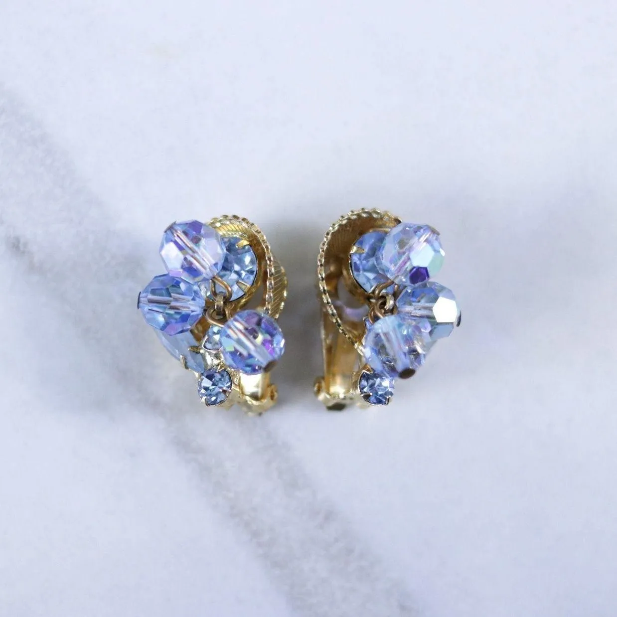 Vintage Light Blue Aurora Borealis Cha Cha Earrings with Navette Rhinestone Accents
