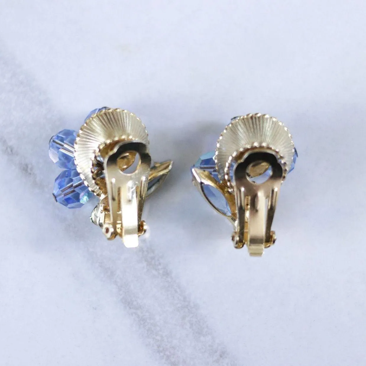 Vintage Light Blue Aurora Borealis Cha Cha Earrings with Navette Rhinestone Accents