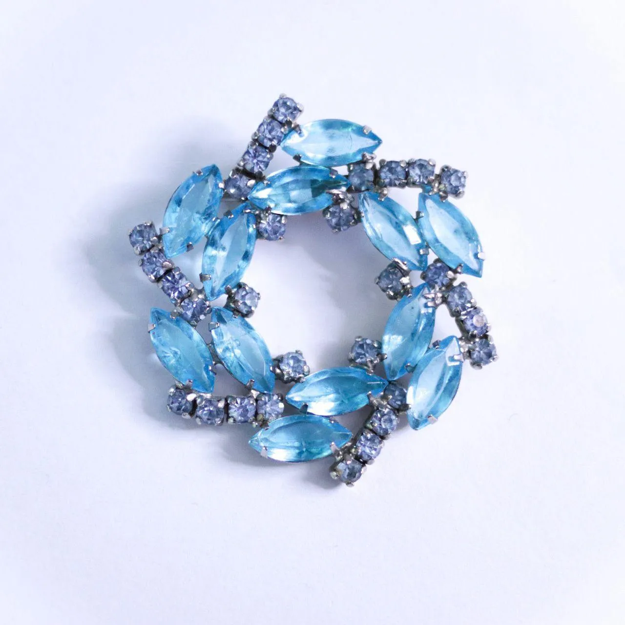 Vintage Light Blue Rhinestone Navette and Diamante Rhinestone Brooch