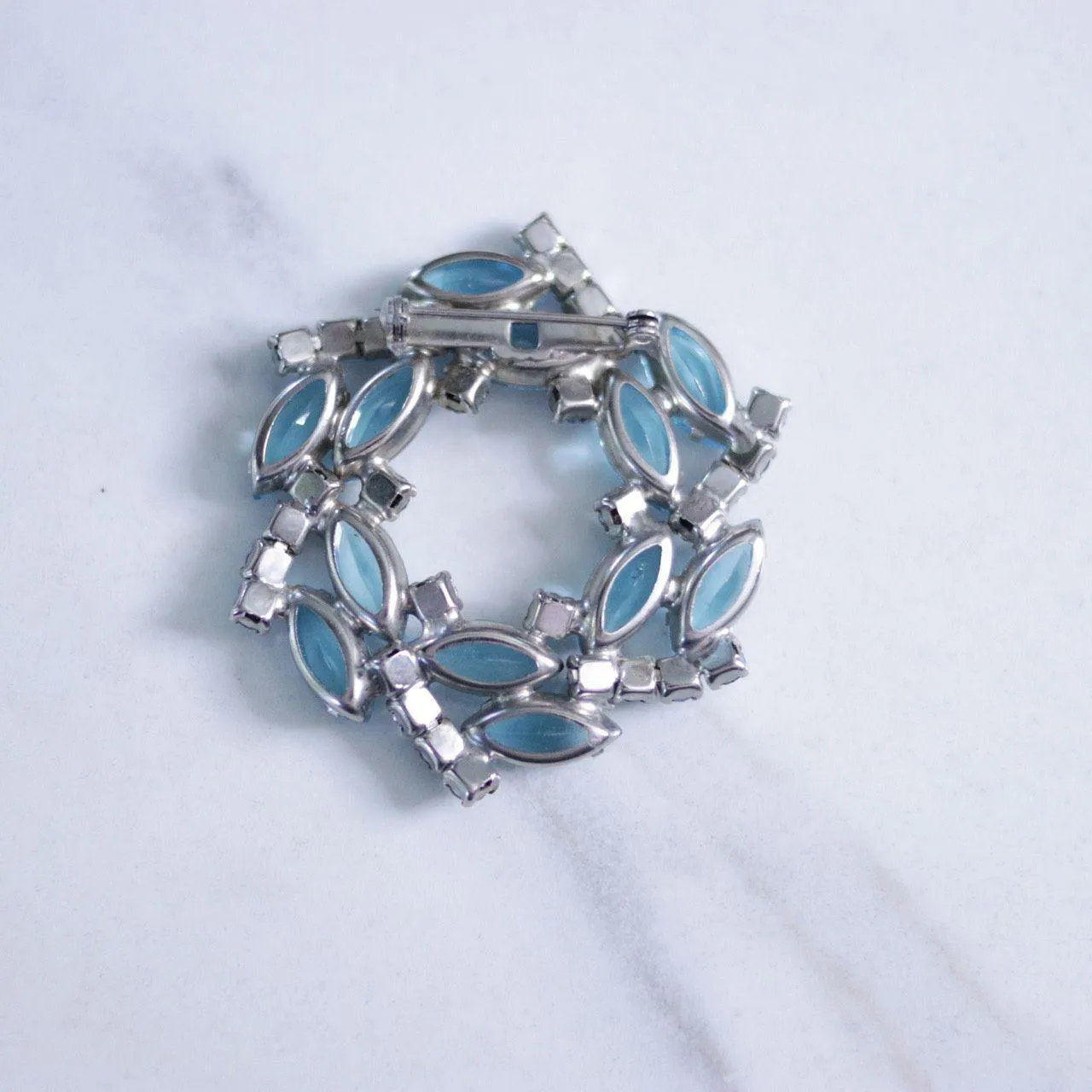 Vintage Light Blue Rhinestone Navette and Diamante Rhinestone Brooch