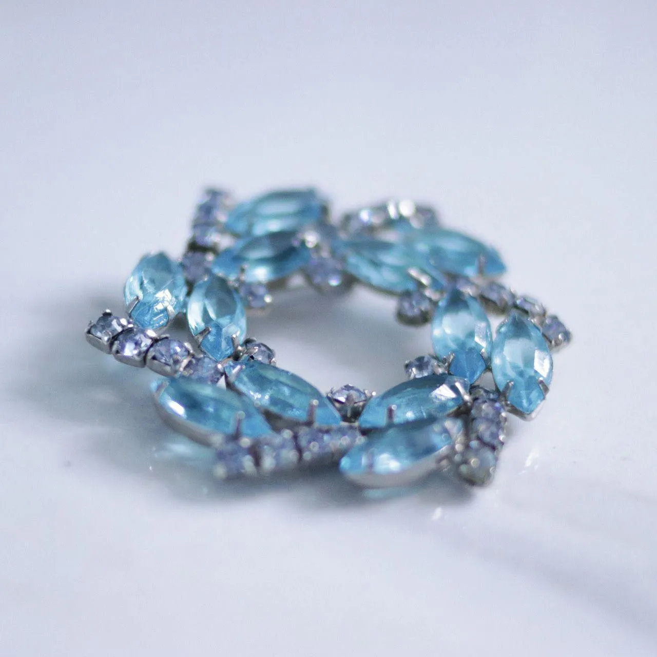 Vintage Light Blue Rhinestone Navette and Diamante Rhinestone Brooch