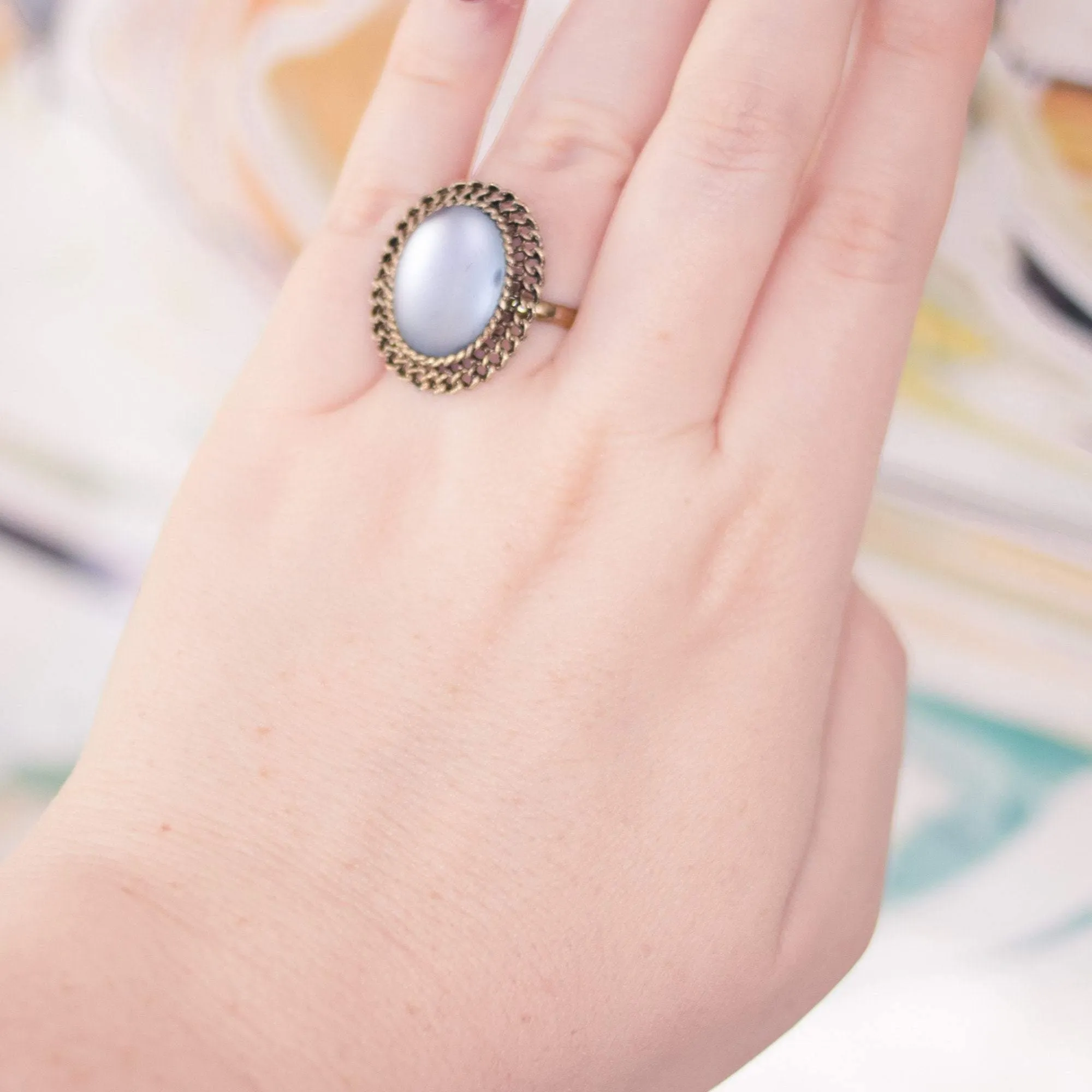 Vintage Matte Blue Crystal Ring with Gold Setting