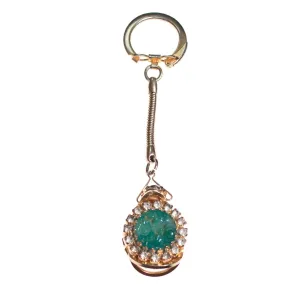 Vintage Mid Century Modern Pressed Faux Jade and Diamante Crystal Key Chain