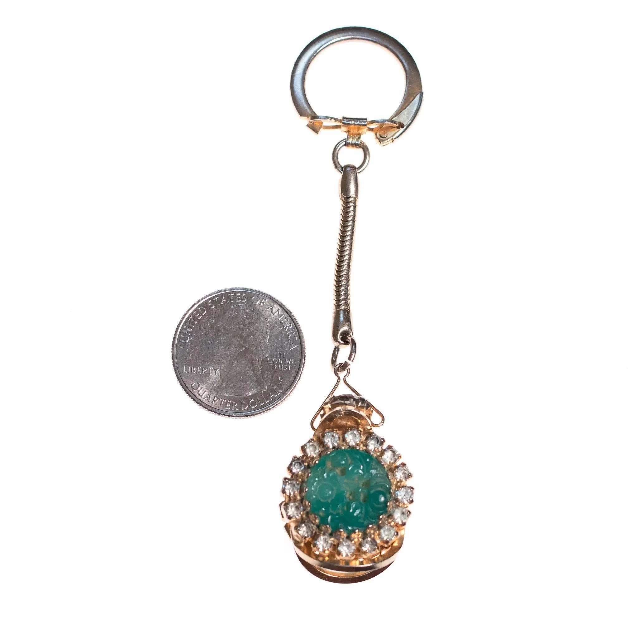 Vintage Mid Century Modern Pressed Faux Jade and Diamante Crystal Key Chain