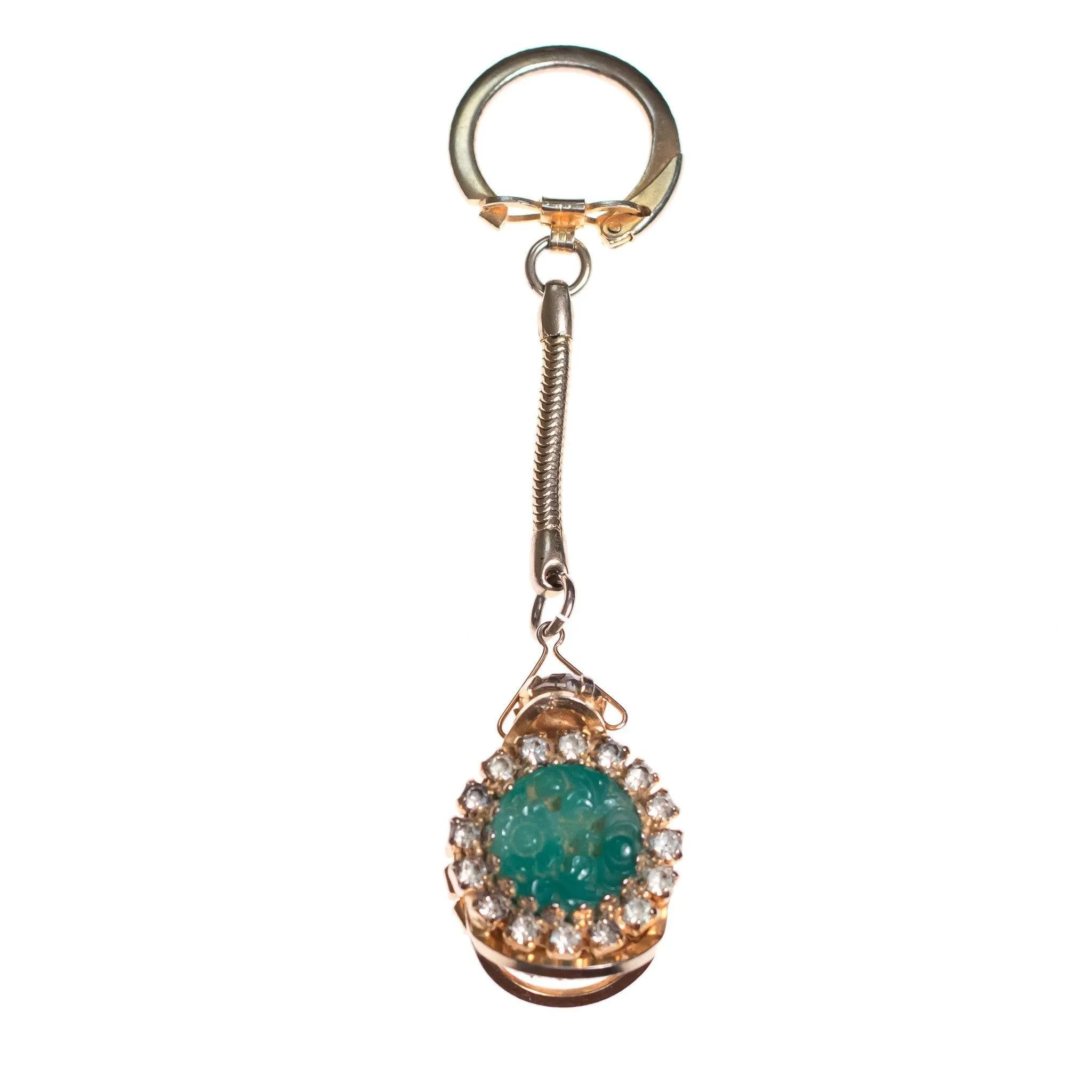 Vintage Mid Century Modern Pressed Faux Jade and Diamante Crystal Key Chain
