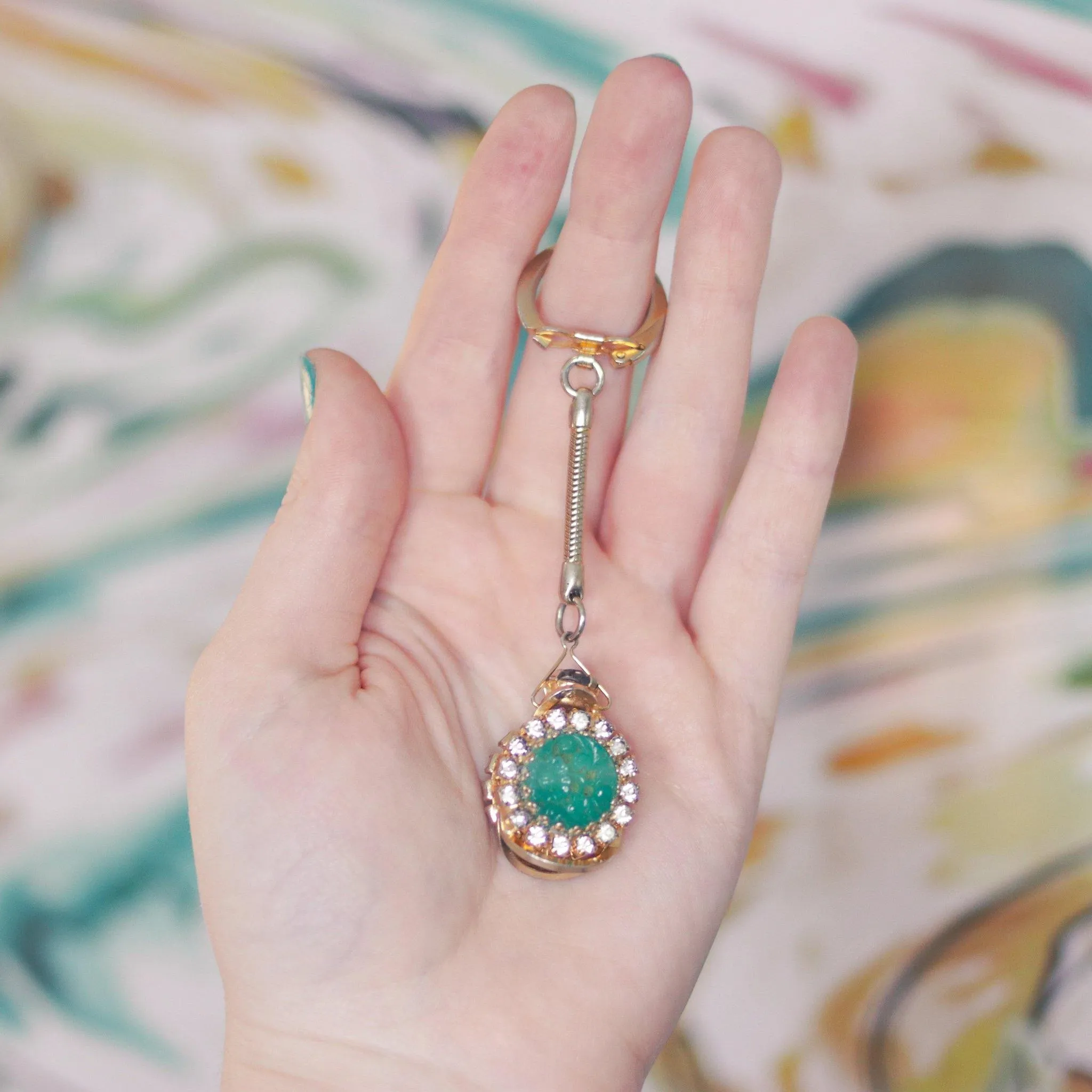 Vintage Mid Century Modern Pressed Faux Jade and Diamante Crystal Key Chain