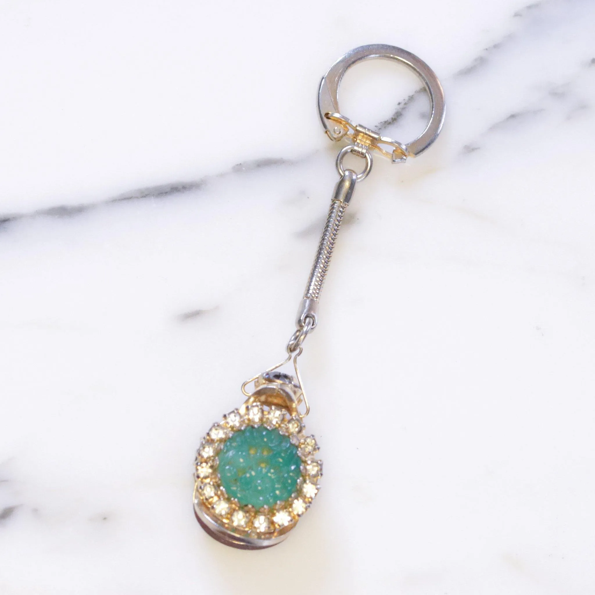 Vintage Mid Century Modern Pressed Faux Jade and Diamante Crystal Key Chain