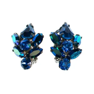 Vintage Mystic Blue Aurora Borealis Crystal Rhinestone Statement Earrings