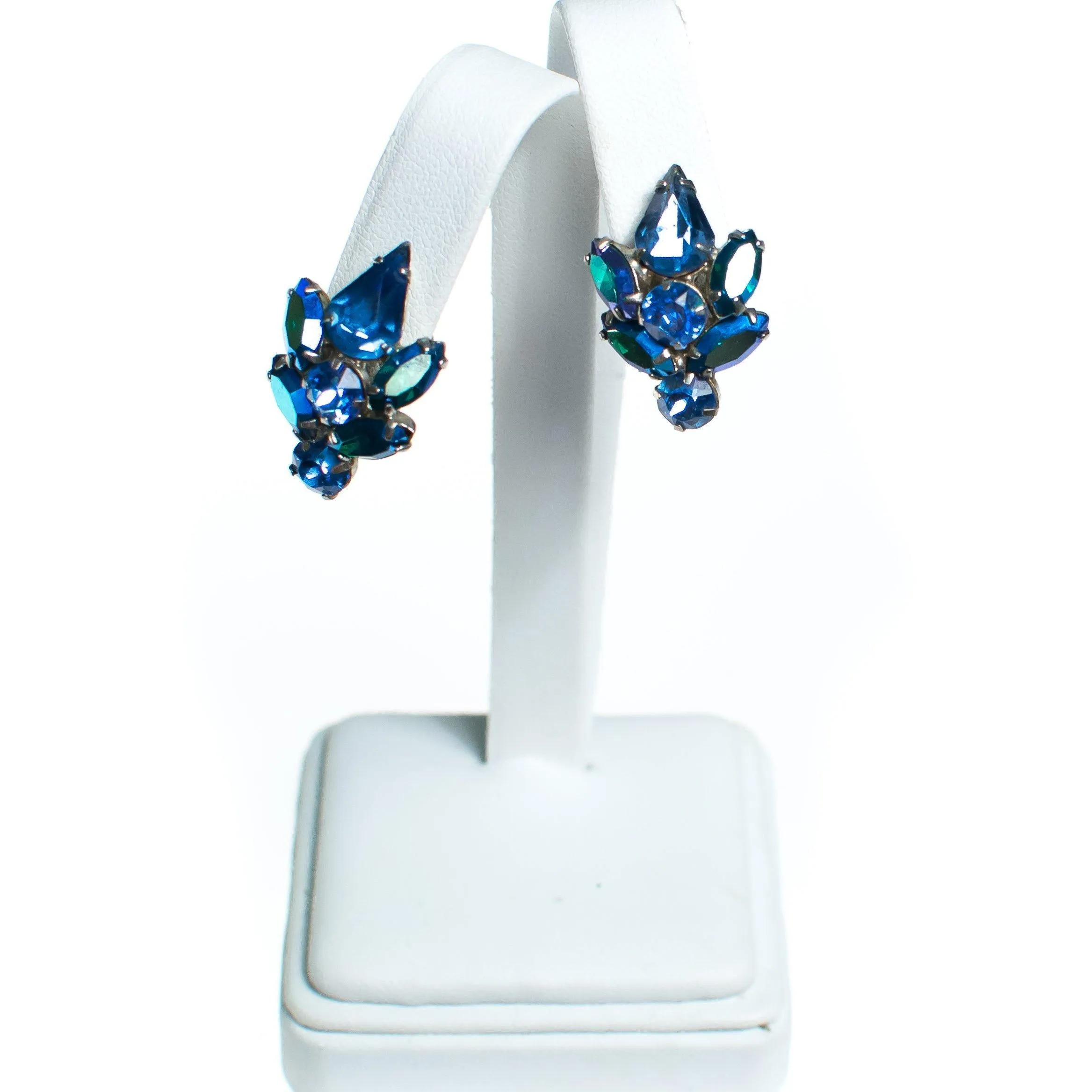 Vintage Mystic Blue Aurora Borealis Crystal Rhinestone Statement Earrings