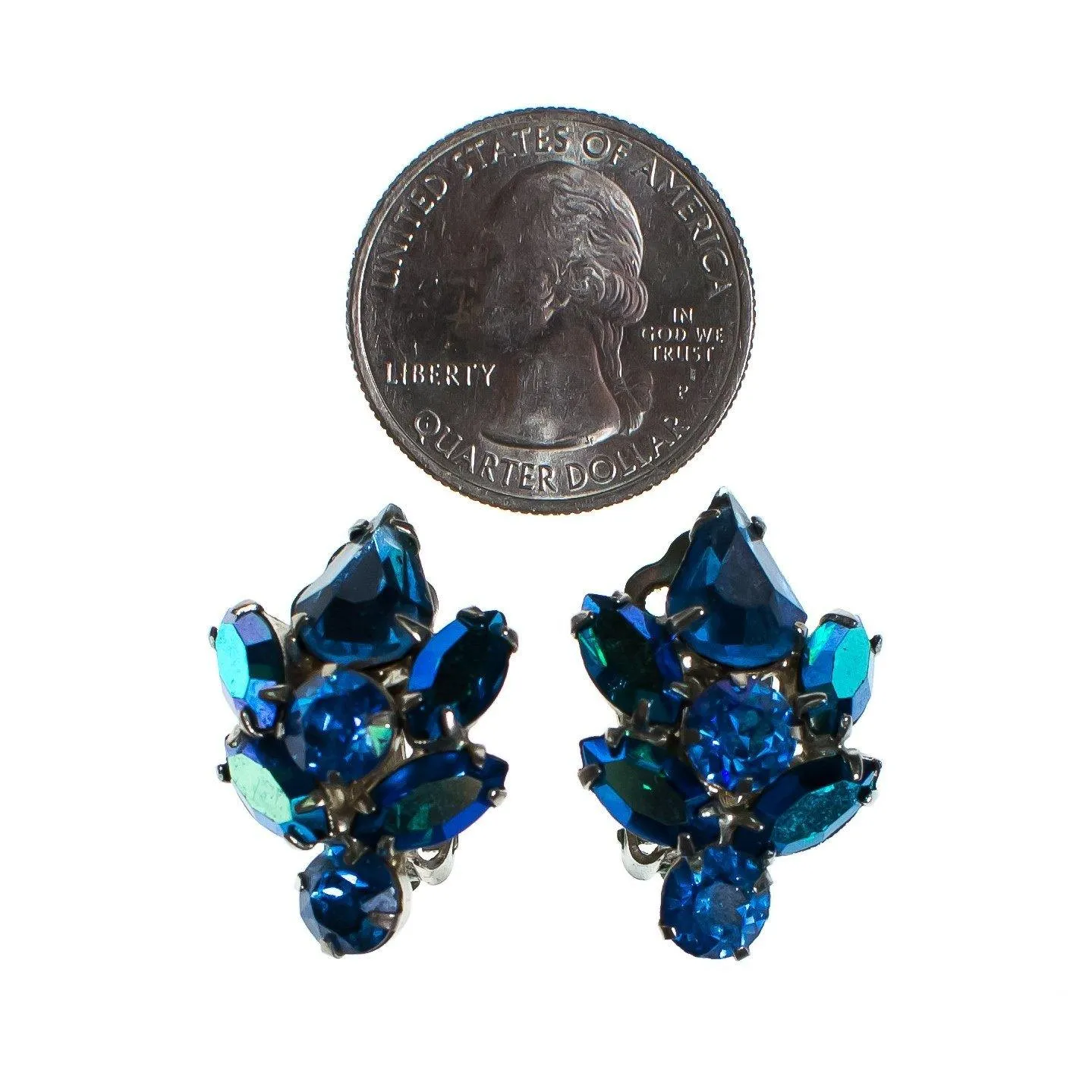 Vintage Mystic Blue Aurora Borealis Crystal Rhinestone Statement Earrings
