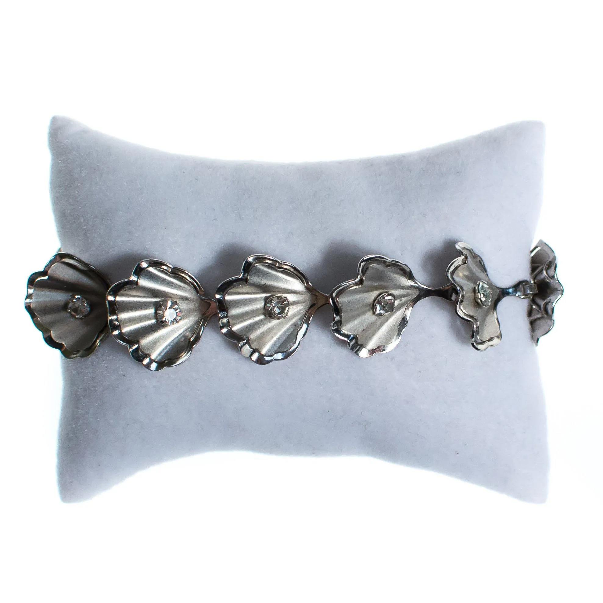 Vintage Old Hollywood Glam Mid Century Modern Silver Shell Bracelet with Rhinestones