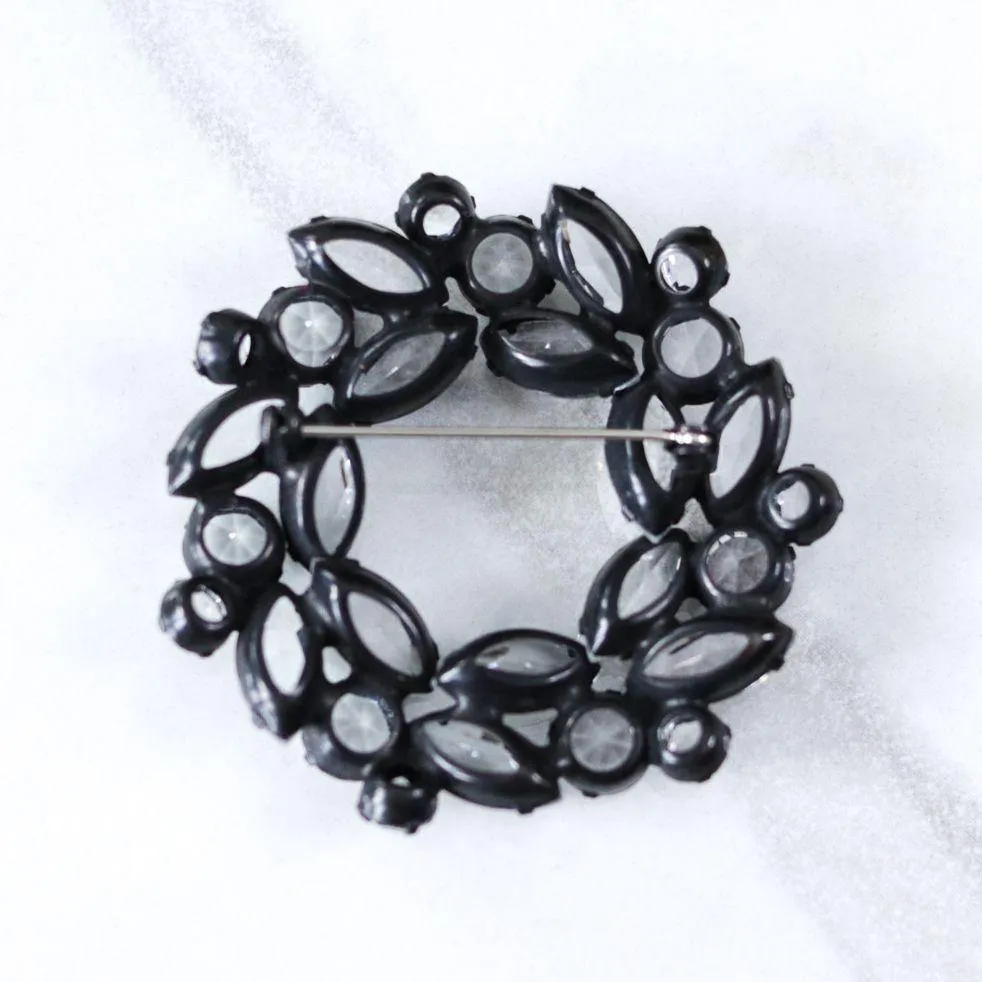 Vintage Open Back Diamante Navette Rhinestone Brooch Set Japanned Metal Finish