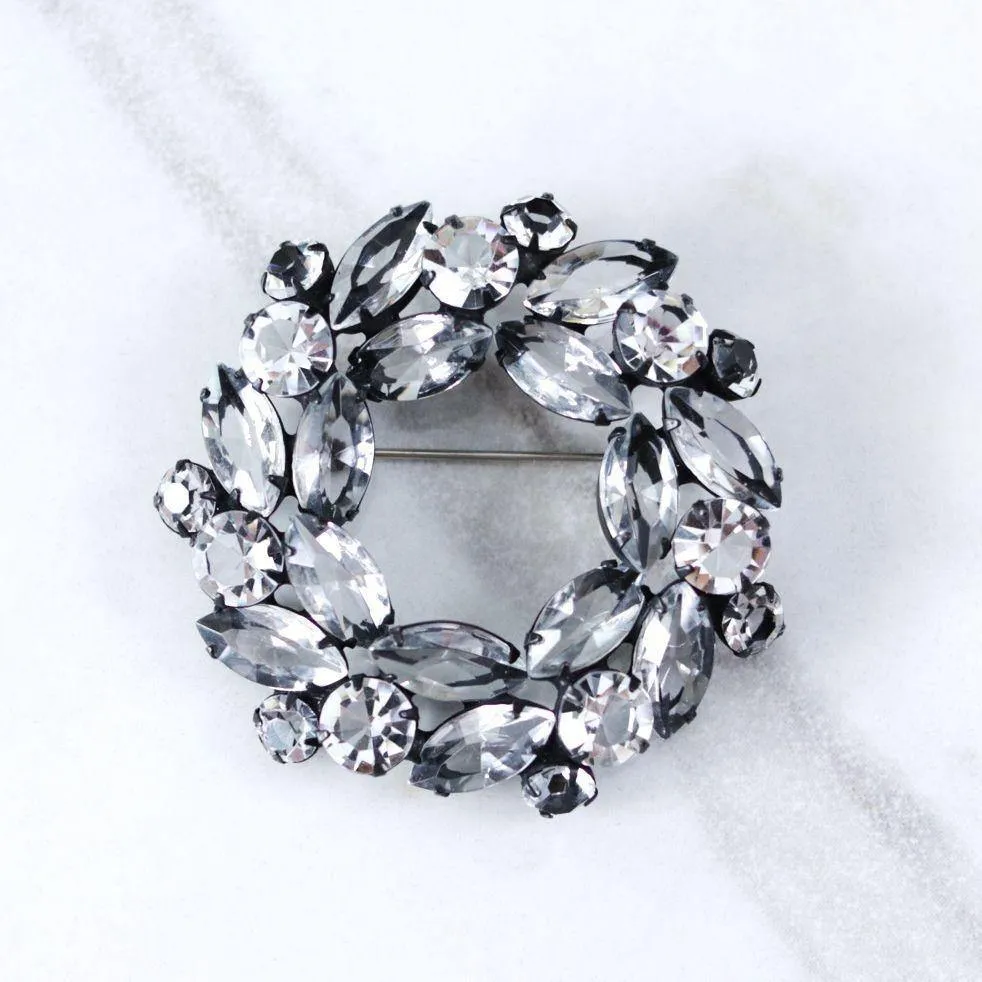 Vintage Open Back Diamante Navette Rhinestone Brooch Set Japanned Metal Finish