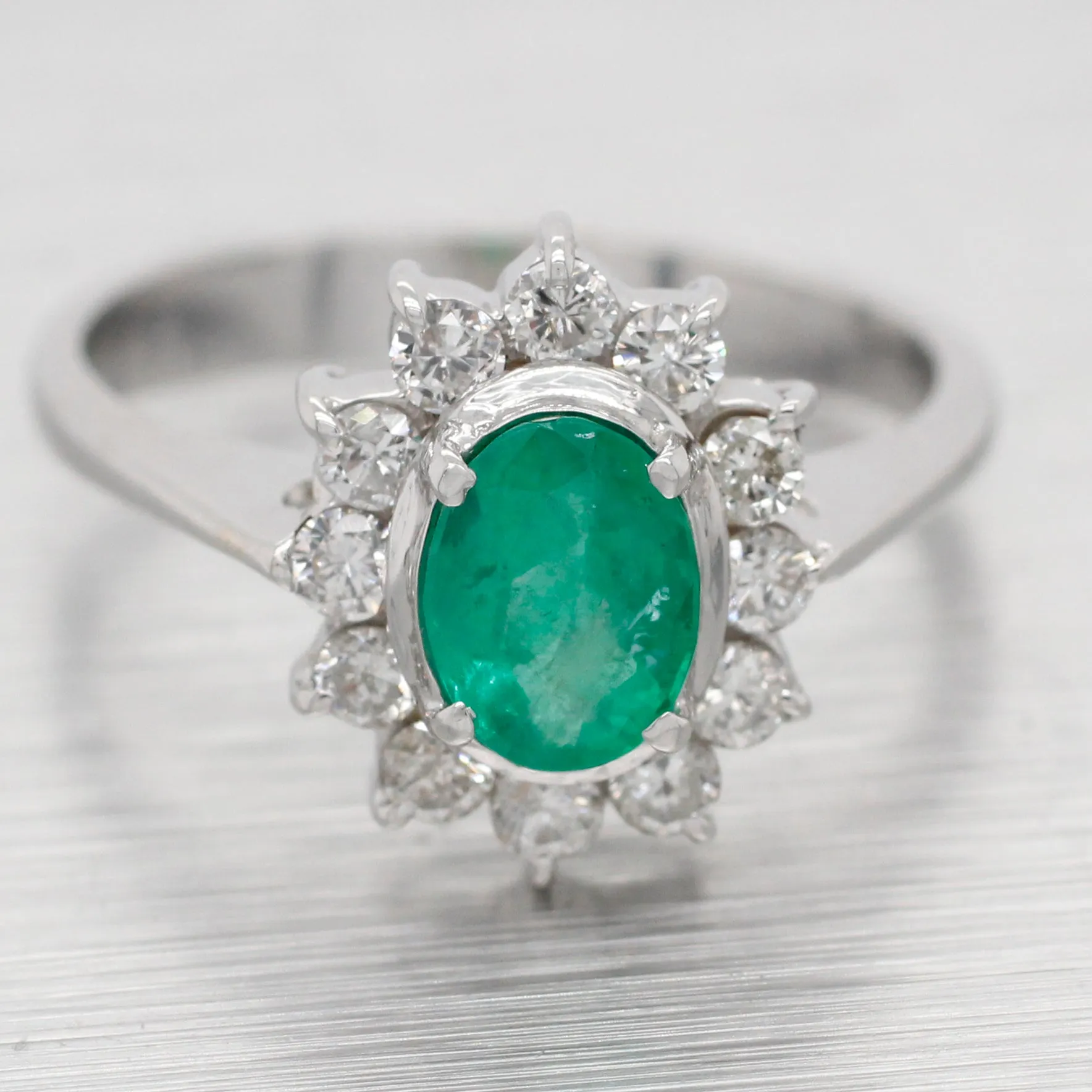 Vintage Oval Emerald & Diamond Halo Cocktail Ring - 18k White Gold Reverse Taper