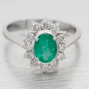 Vintage Oval Emerald & Diamond Halo Cocktail Ring - 18k White Gold Reverse Taper