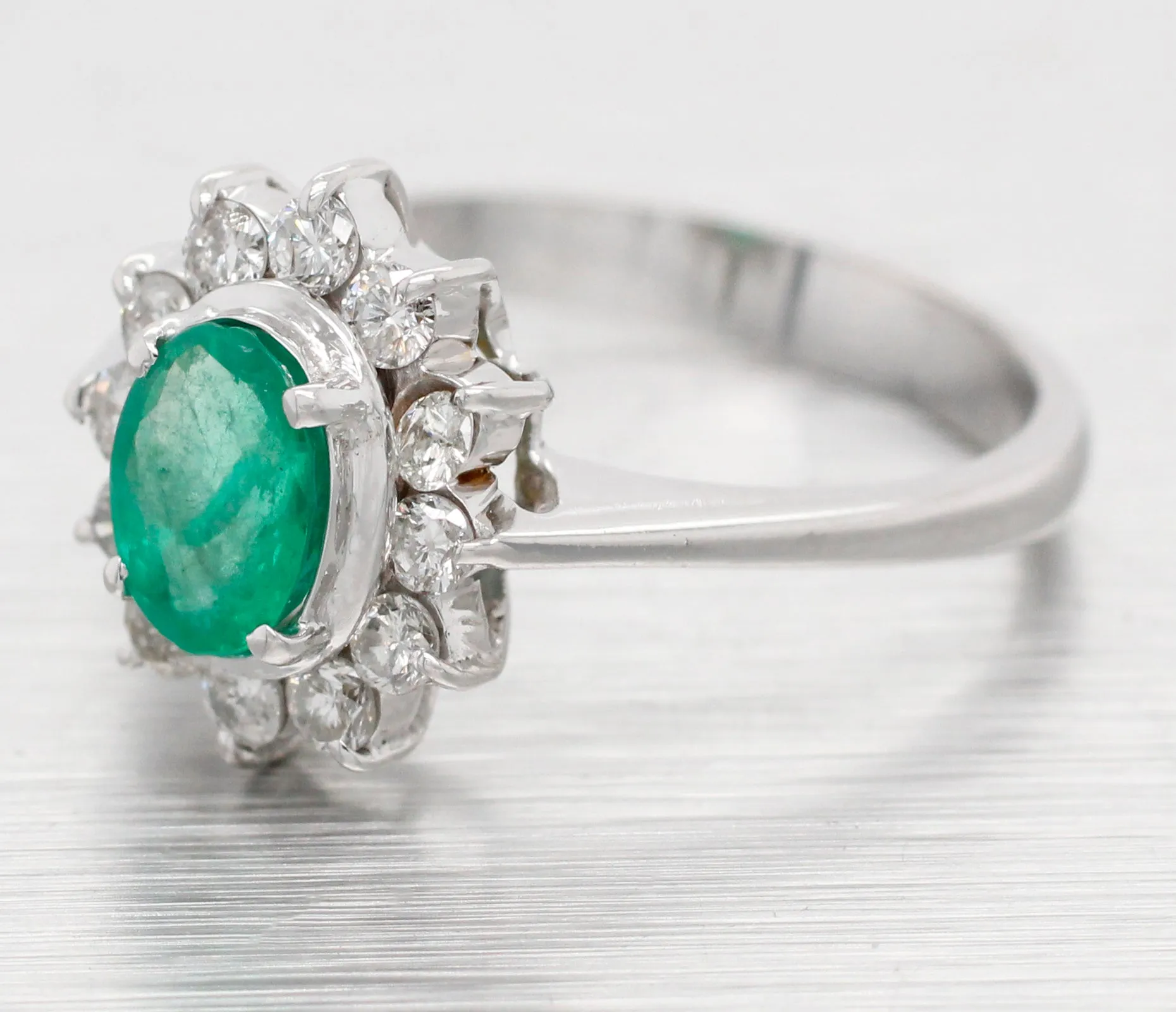 Vintage Oval Emerald & Diamond Halo Cocktail Ring - 18k White Gold Reverse Taper