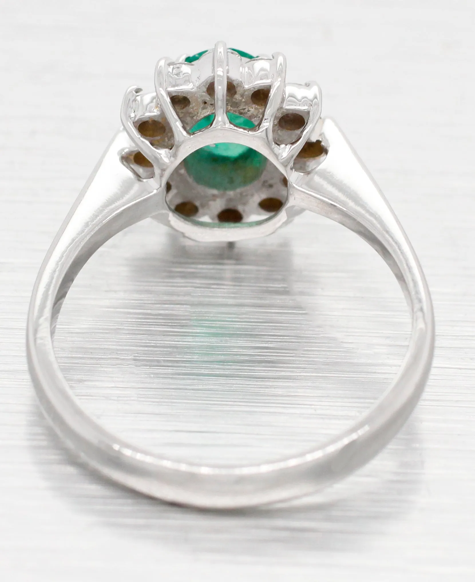 Vintage Oval Emerald & Diamond Halo Cocktail Ring - 18k White Gold Reverse Taper