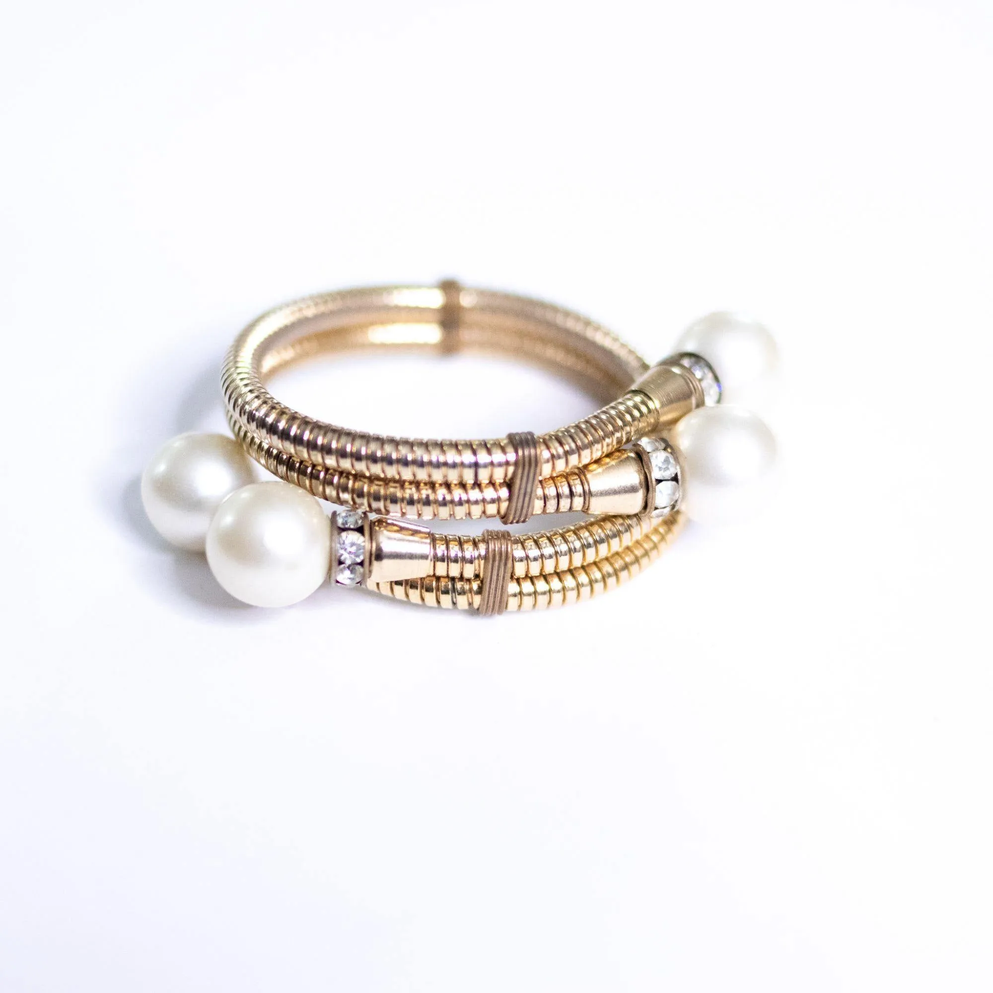 Vintage Pearl and Rhinestone Rondelle Gold Coil Expansion Bracelet