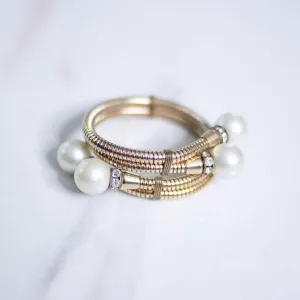 Vintage Pearl and Rhinestone Rondelle Gold Coil Expansion Bracelet