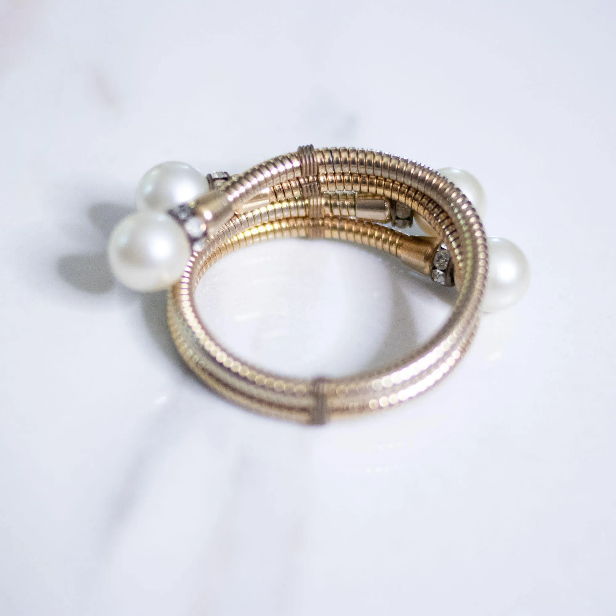 Vintage Pearl and Rhinestone Rondelle Gold Coil Expansion Bracelet