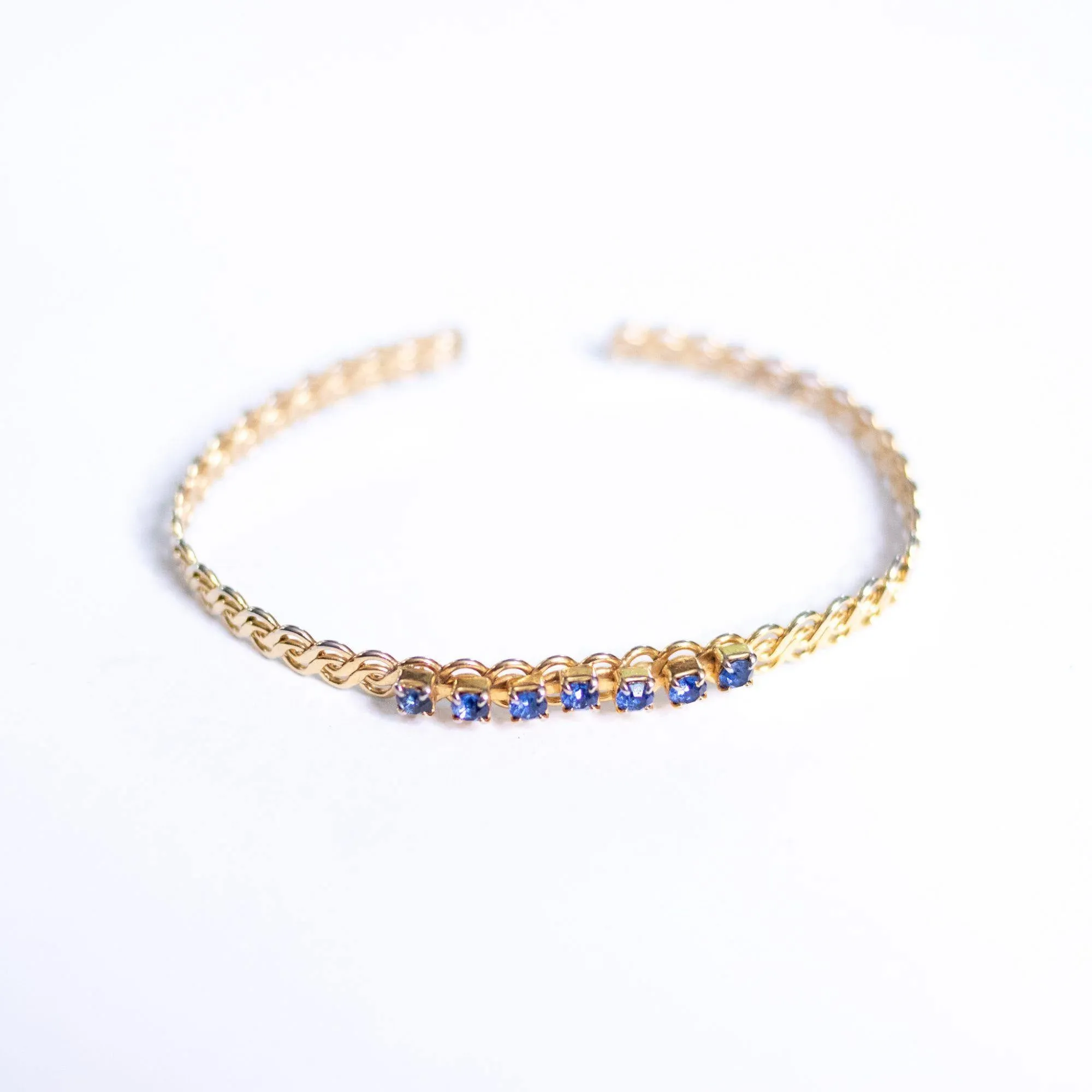 Vintage Petite Open Cuff Bracelet with Blue Rhinestones