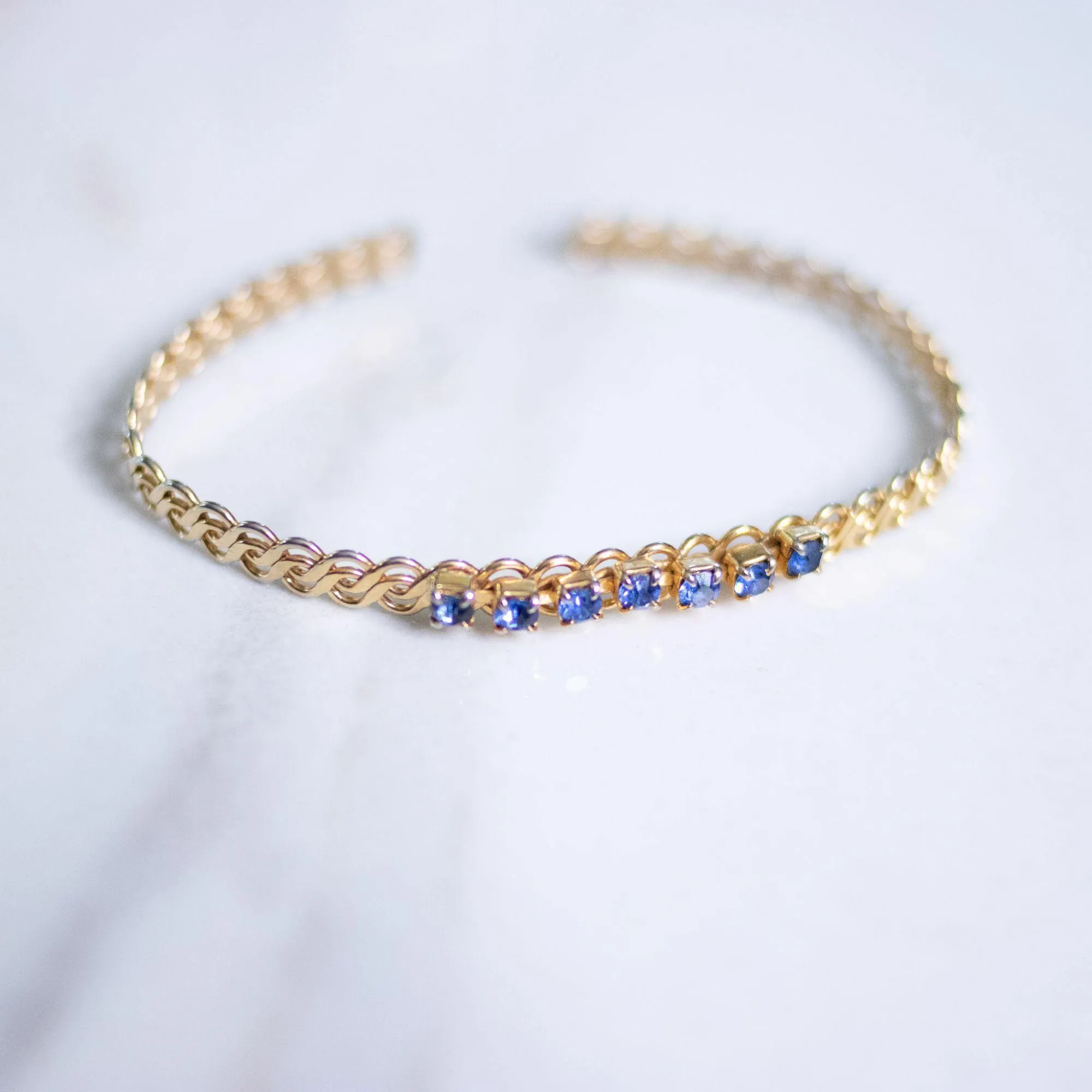 Vintage Petite Open Cuff Bracelet with Blue Rhinestones