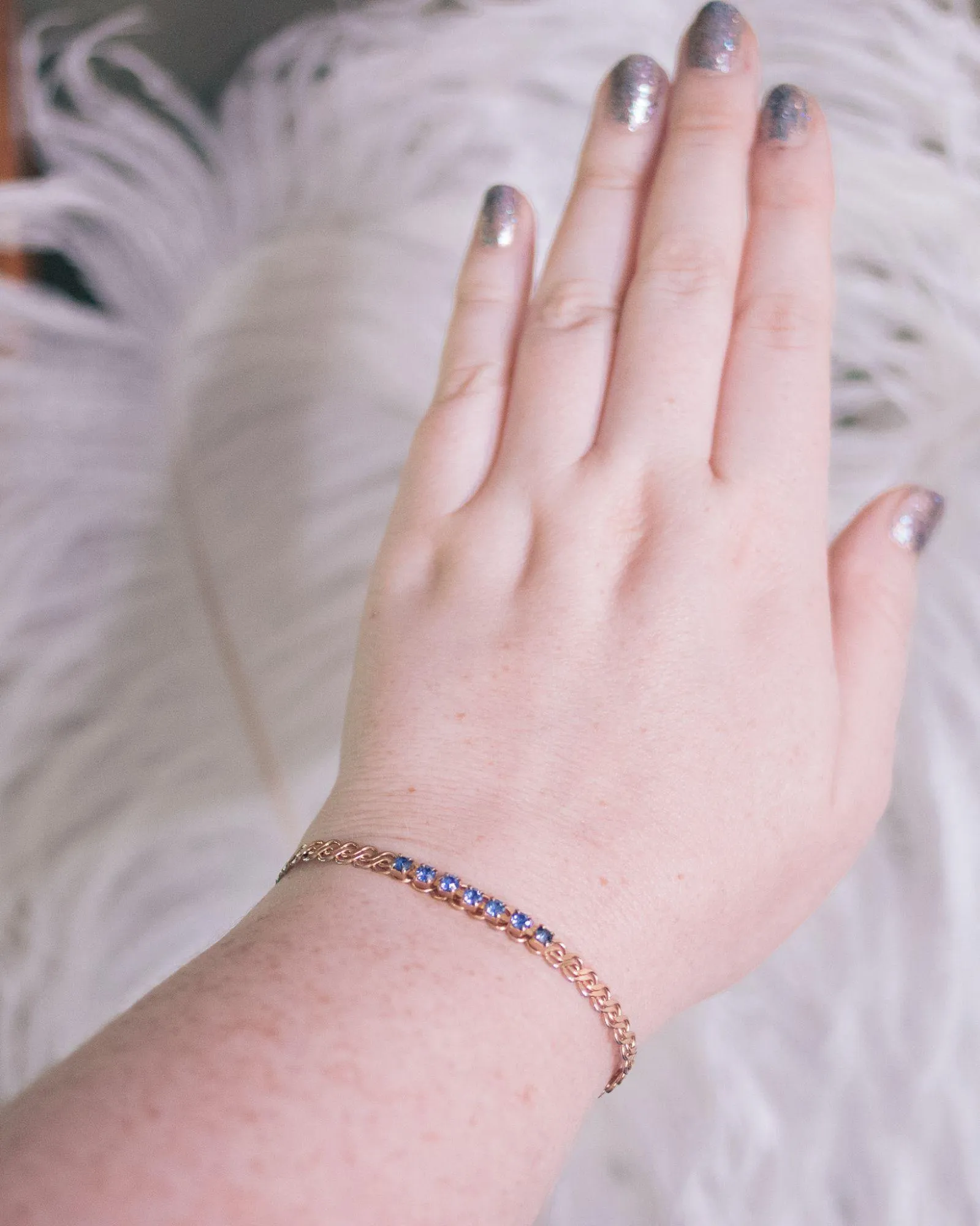 Vintage Petite Open Cuff Bracelet with Blue Rhinestones