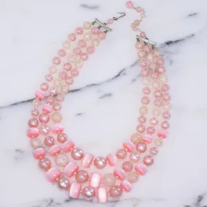 Vintage Pink and Faux Pearl Triple Strand Necklace
