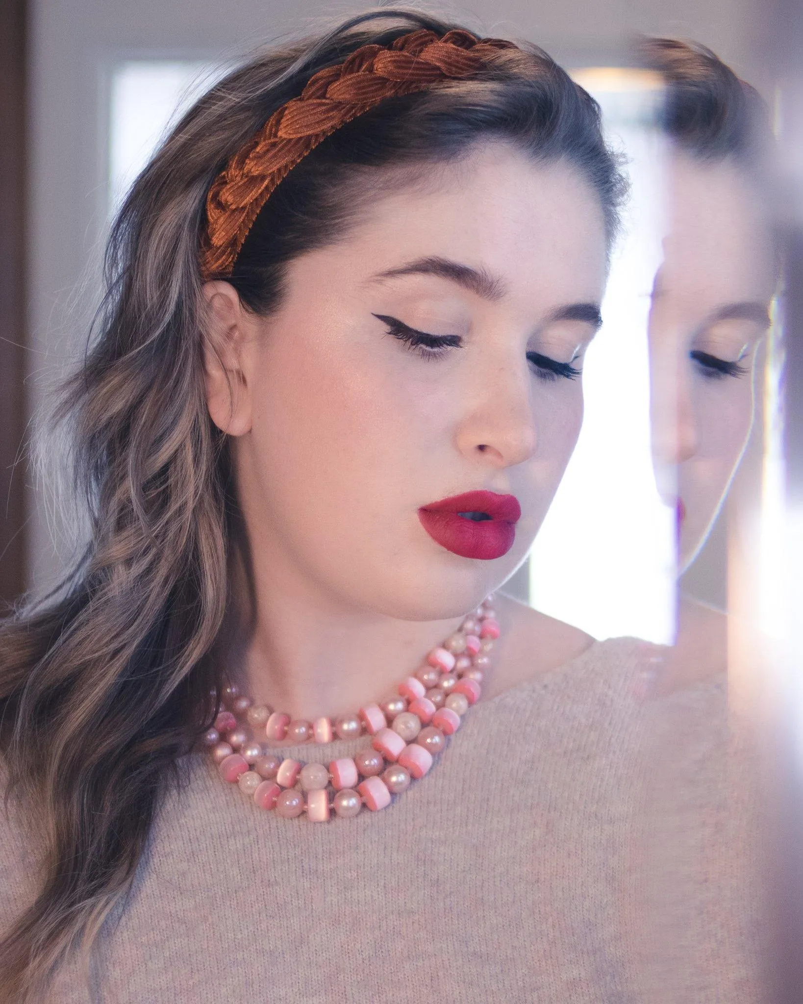 Vintage Pink and Faux Pearl Triple Strand Necklace