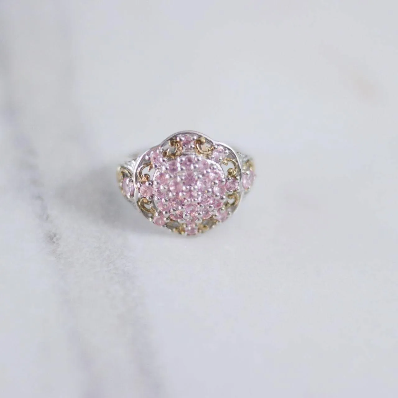 Vintage Pink Topaz Cluster Ring Sterling Silver with 18kt Gold Accents