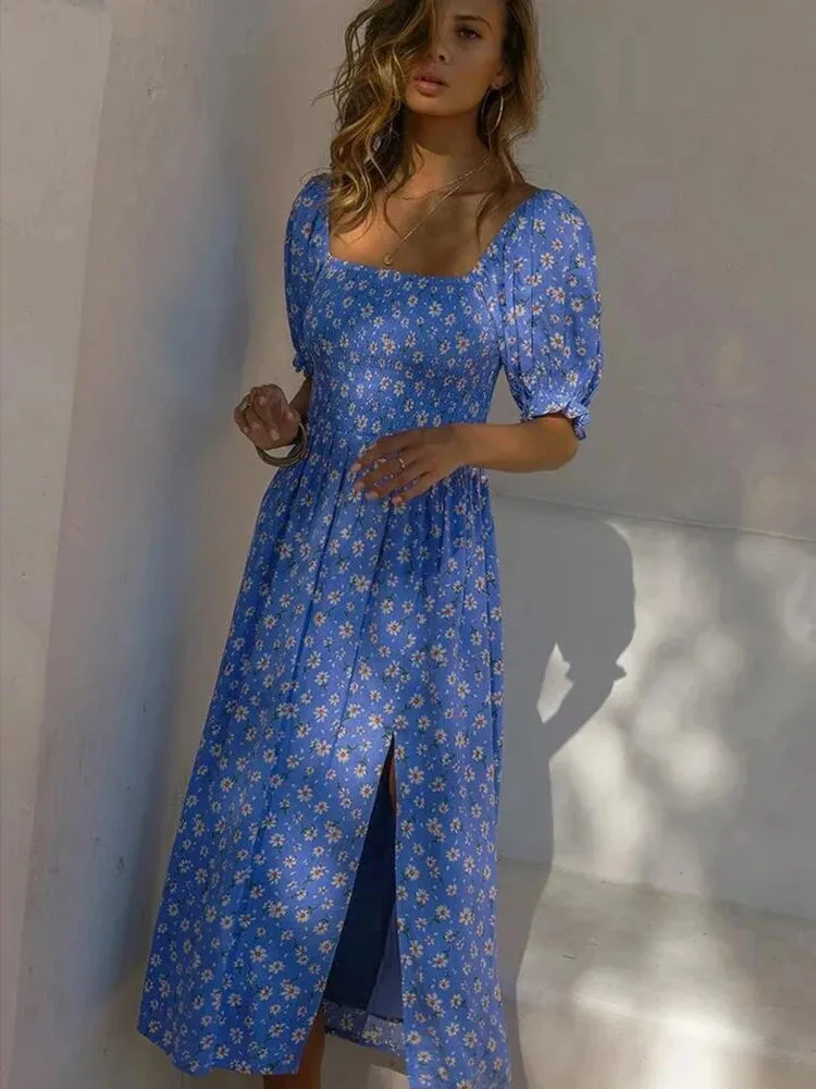 Vintage Puff Sleeve Backless Midi Dress