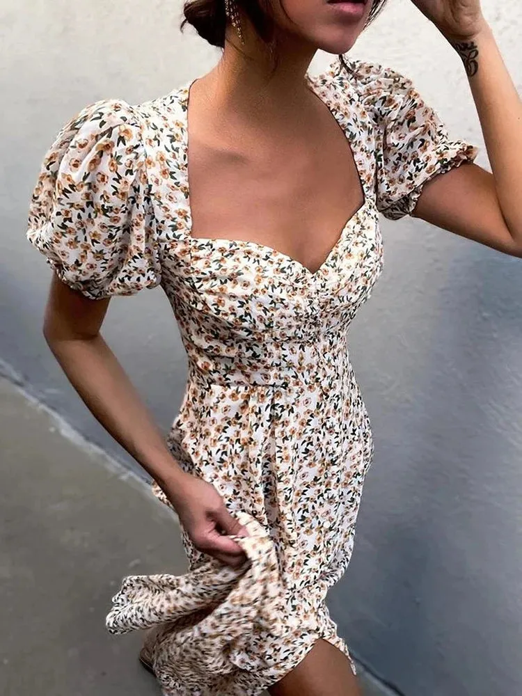 Vintage Puff Sleeve Backless Midi Dress