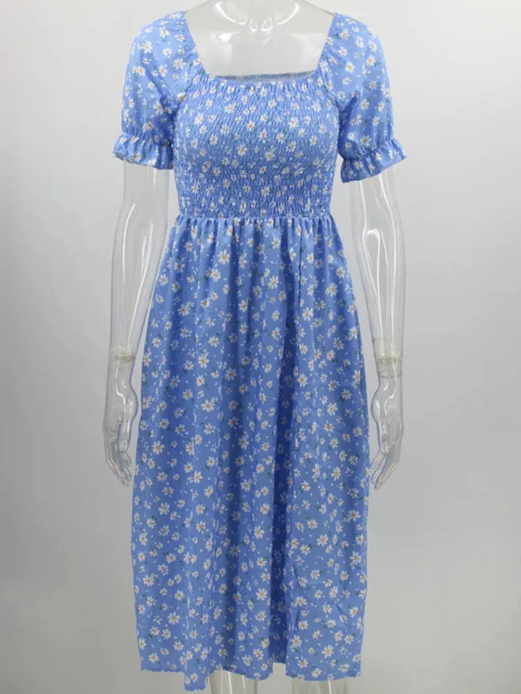 Vintage Puff Sleeve Backless Midi Dress