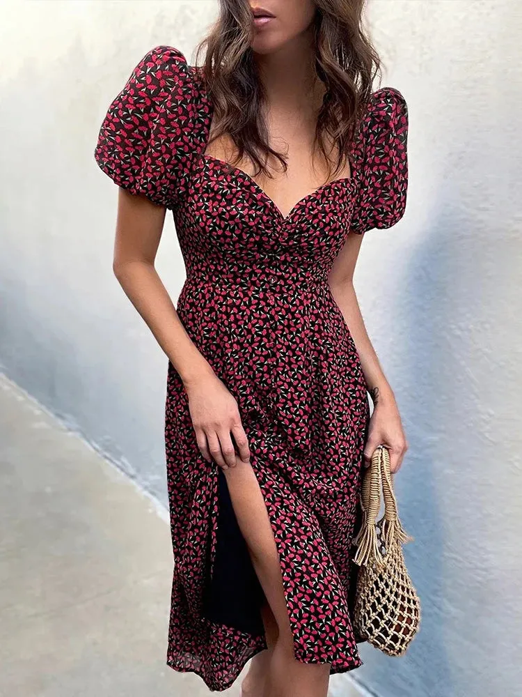 Vintage Puff Sleeve Backless Midi Dress