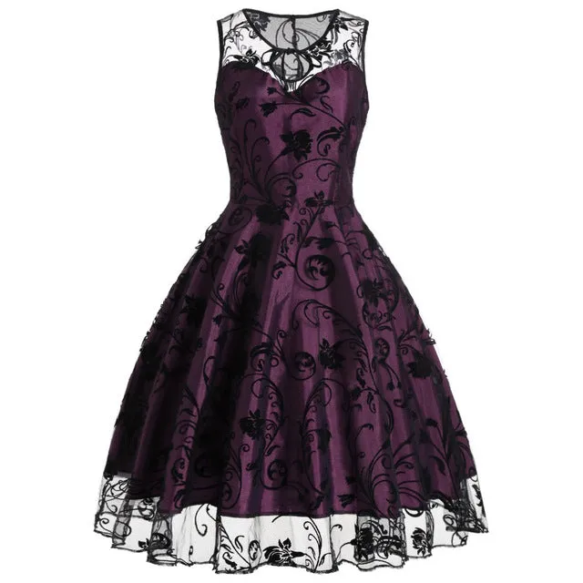 Vintage Purple Dress Women Summer 2018 Sexy Sleeveless vestido Midi Print Robe femme Lace Vintage Dresses 50s 60s