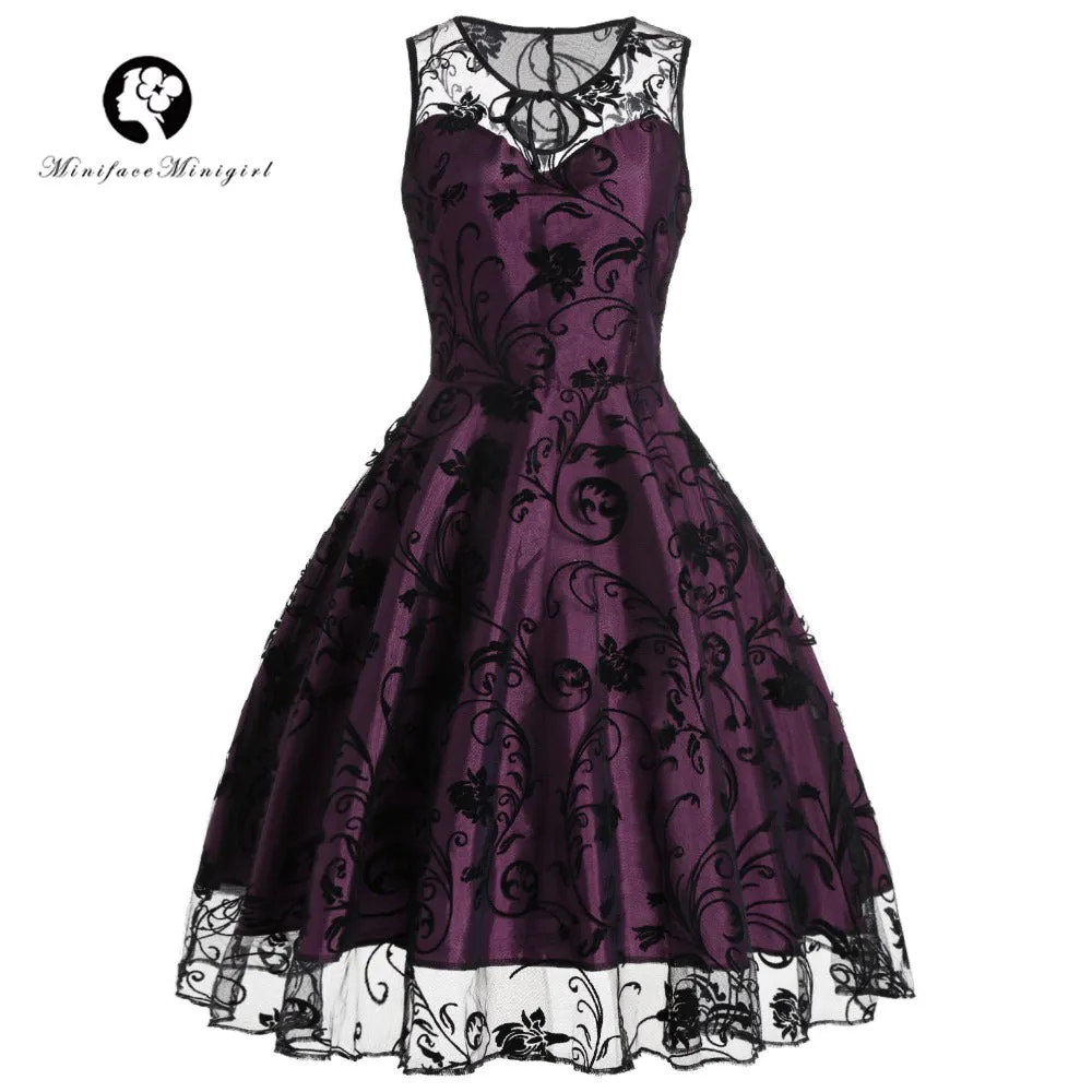 Vintage Purple Dress Women Summer 2018 Sexy Sleeveless vestido Midi Print Robe femme Lace Vintage Dresses 50s 60s