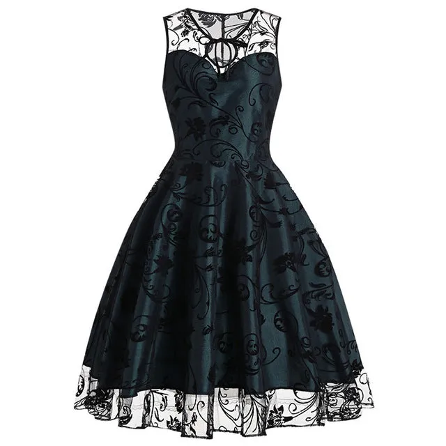 Vintage Purple Dress Women Summer 2018 Sexy Sleeveless vestido Midi Print Robe femme Lace Vintage Dresses 50s 60s