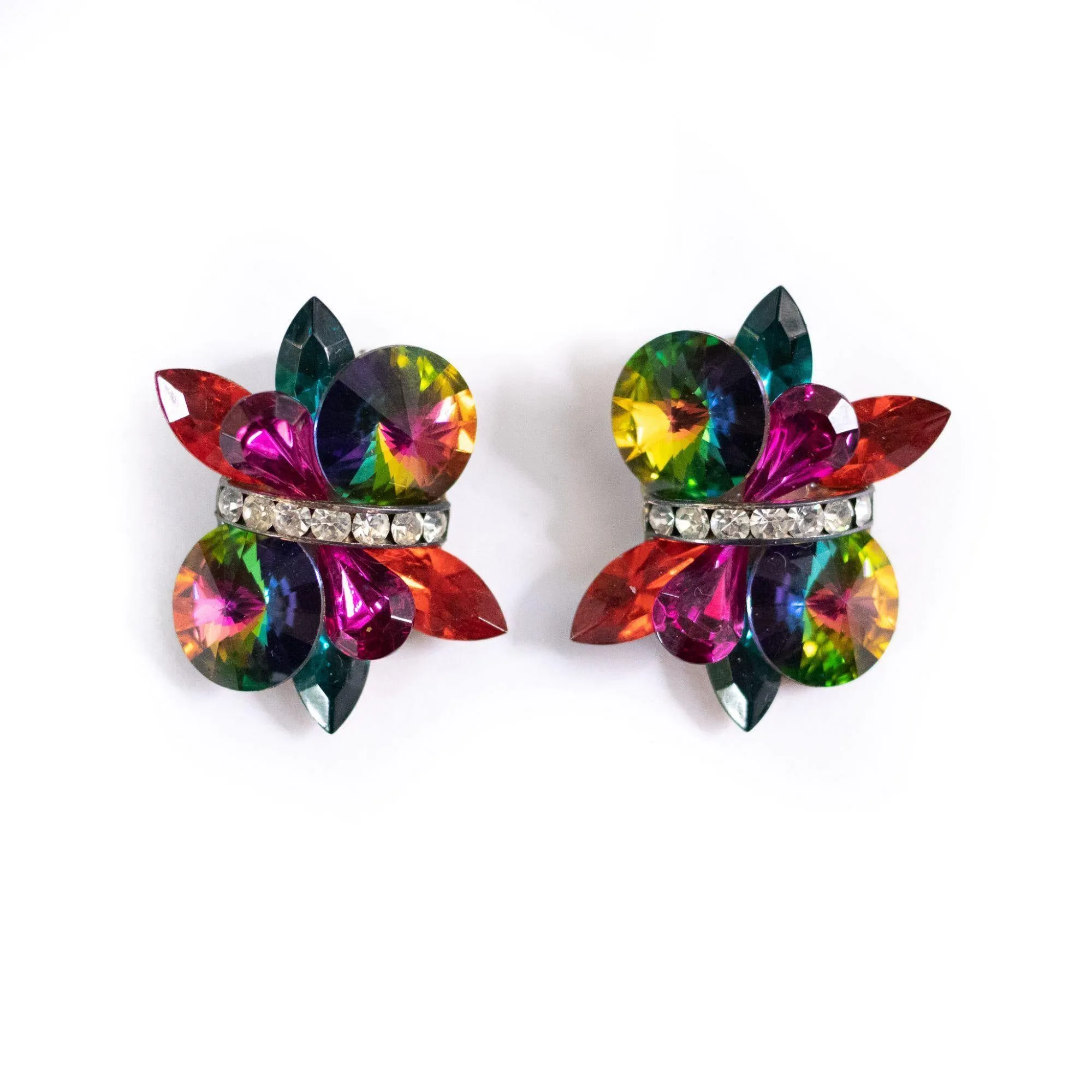 Vintage Rainbow, Red, and Diamante Rhinestone Statement Earrings