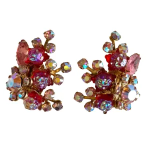 Vintage Red and Pink Aurora Borealis Rhinestone Statement Earrings