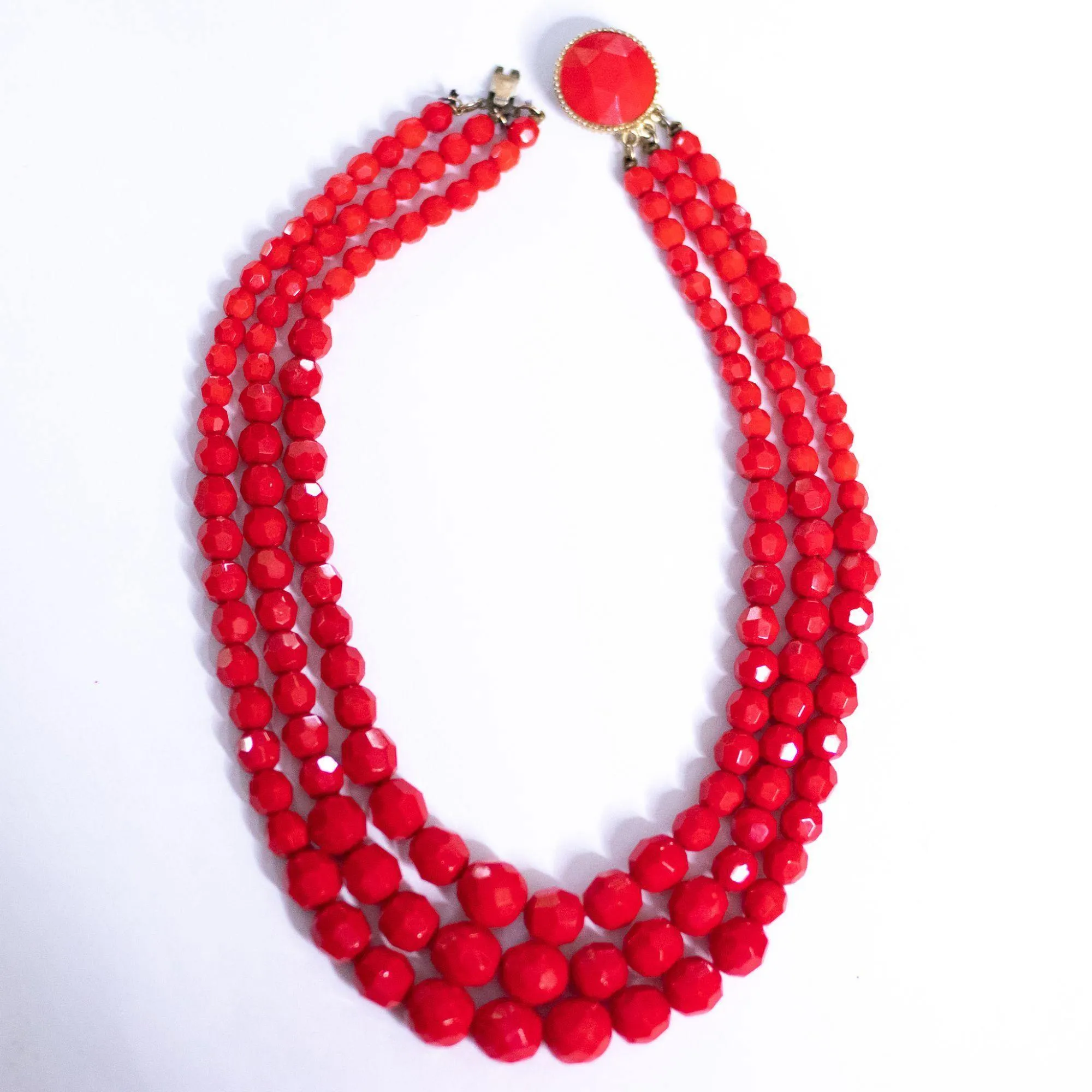 Vintage Retro Red Faceted Bead Double Strand Necklace