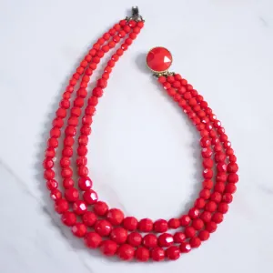 Vintage Retro Red Faceted Bead Double Strand Necklace