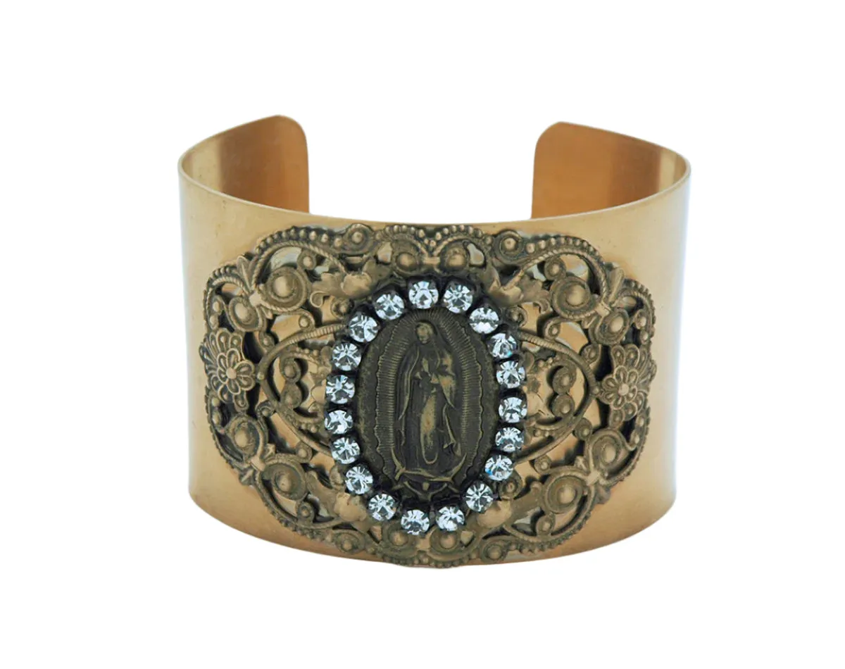 Vintage Style Cuff Bracelet, Guadalupe Medal, Clear Swarovski Crystals