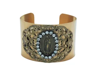 Vintage Style Cuff Bracelet, Guadalupe Medal, Clear Swarovski Crystals