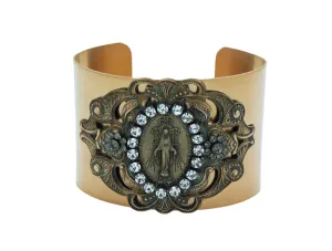 Vintage Style Cuff Bracelet, Miraculous Medal, Clear Swarovski Crystals