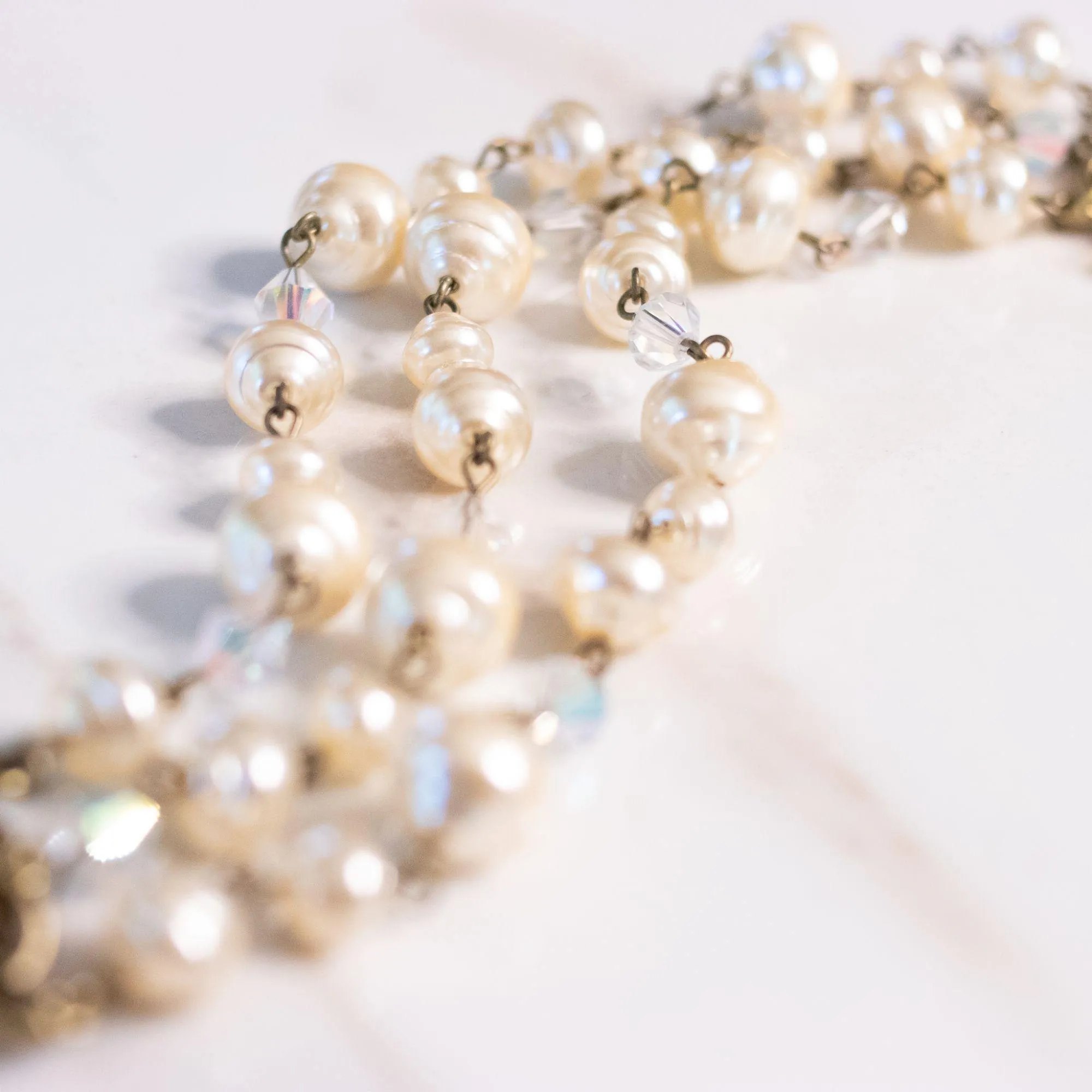 Vintage Sweet Romance Pearl and Crystal Triple Strand Bracelet